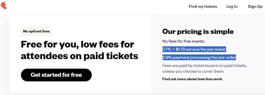 Screenshot of Eventbrite's transaction and processing fees for ticket sales.